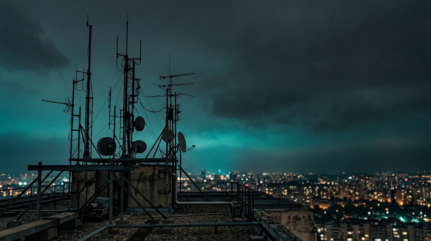 Paysage urbain belge au crépuscule avec un pylône de télécommunication en arrière-plan