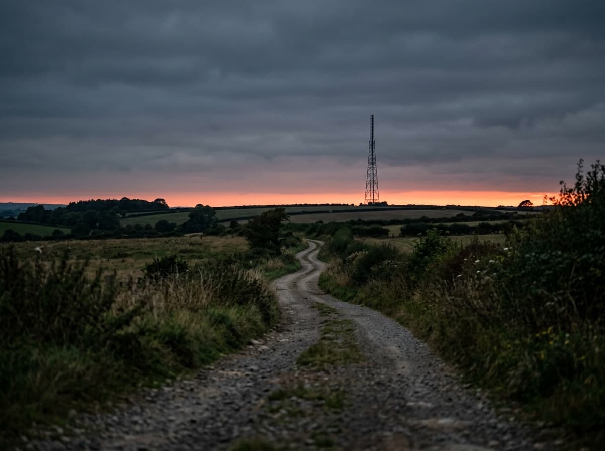 Paysage belge au crépuscule avec un pylône de téléphonie mobile au loin