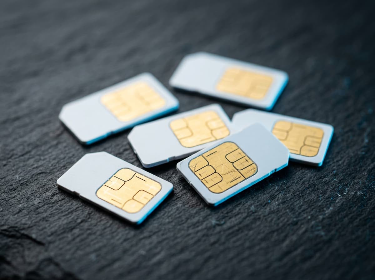 Cartes SIM de marques différentes alignées sur fond graphite, éclairage froid