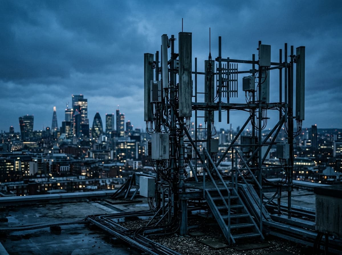 Antennes de téléphonie mobile sur un toit d'immeuble urbain à l'heure bleue