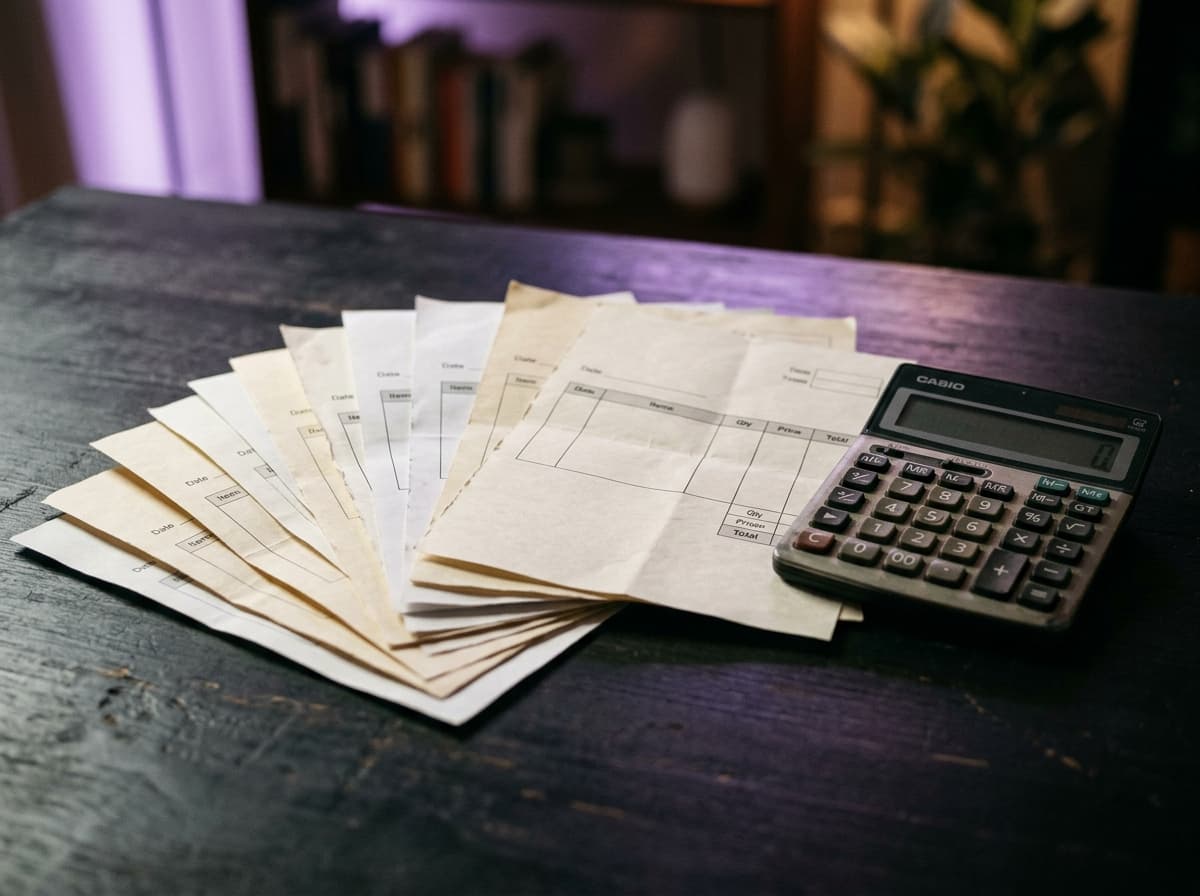 Facture télécom et calculatrice posées sur un plan de travail sombre, lumière froide